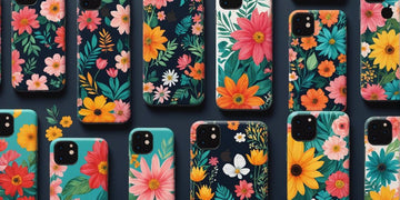 A colorful collage of custom phone cases with unique designs including floral patterns, abstract art, and personalized photos.