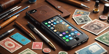 iPhone with personalized leather case and customization tools like stamps, paints, and engravings.