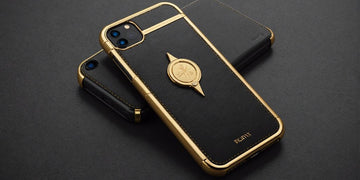 Luxurious iPhone case with gold accents and premium leather finish, perfect for elevating your style.